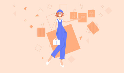 Happy girl architect in purple overalls and hard hat shows the plan. Profession concept for web page. Worker woman character in flat style on abstract background.