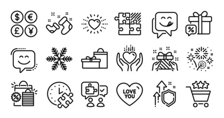 Gifts, Smile face and Shopping rating line icons set. Secure shield and Money currency exchange. Puzzle, Shopping bags and Fireworks icons. Hold heart, Love you and Puzzle time signs. Vector