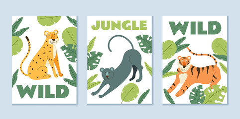 Tropical jungle forest animals leopard flyer poster banner vector set