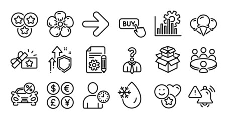 Next, Seo graph and Loyalty gift line icons set. Secure shield and Money currency exchange. Natural linen, Ice creams and Stars icons. Buy button, Smile and Car leasing signs. Vector