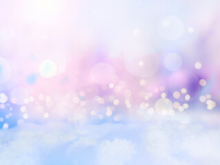 Snowy natural abstract blurred landscape, winter background. Glowing blue violet backdrop.