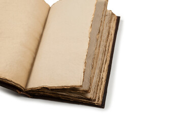 An open empty old notebook isolated on a white background.