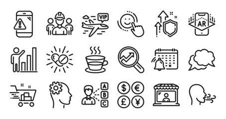 Market seller, Analytics and Engineering line icons set. Secure shield and Money currency exchange. Smile, Breathing exercise and Opinion icons. Vip flight, Chat message and Coffee cup signs. Vector