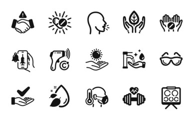 Obraz na płótnie Canvas Vector set of Dont handshake, Washing hands and Dermatologically tested icons simple set. Cough, Eyeglasses and Fair trade icons. Vision board, Vaccine announcement and Dumbbell signs. Vector