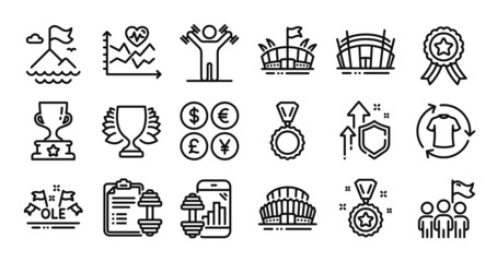 Arena, Sports stadium and Arena stadium line icons set. Secure shield and Money currency exchange. Leadership, Dumbbell and Mountain flag icons. Winner, Medal and Winner ribbon signs. Vector