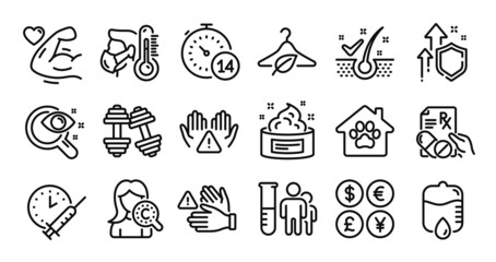 Anti-dandruff flakes, Prescription drugs and Drop counter line icons set. Secure shield and Money currency exchange. Skin cream, Clean hands and Strong arm icons. Vector