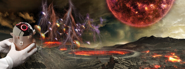 Sowing the molecules of life on alien planet. Sci-fi collage with alien landscape and hands...