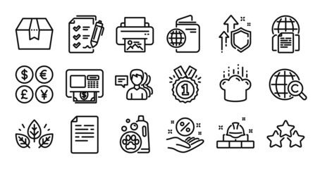 Approved, Ranking stars and Loan percent line icons set. Secure shield and Money currency exchange. People, Pet shampoo and Atm icons. Vector
