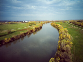 Aerial photography of Sava river near the city of Zagreb, during autumn day