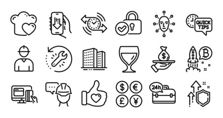 Online payment, Recovery tool and Buildings line icons set. Secure shield and Money currency exchange. Download app, Quick tips and Like hand icons. Wine glass, Foreman and Loan signs. Vector