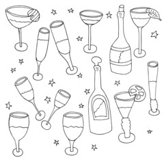 Vector groceries and champagne. Shot glasses and vodka. Wine and groceries. In honor of the holiday. Isolated. Drawn by hand. Coloring pages for children and adults. Cartoon