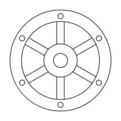 Obraz premium Wooden wheel outline vector icon.Outline vector illustration wagon. Isolated illustration of wooden wheel of wagon icon on white background.