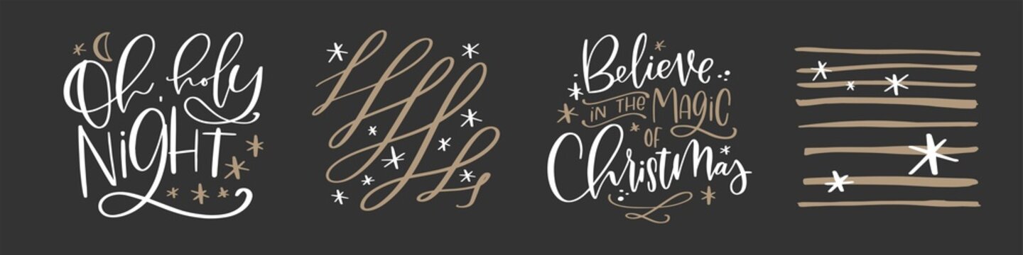 Christmas quote set vector calligraphy design for card, gift bag or tag. Oh, holy night and Believe in the magic of Christmas winter holiday messages in gold and black colours.
