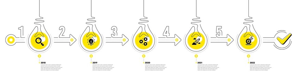 Fototapeta premium Business Infographic timeline with 5 steps. Workflow process diagram with Research Idea, Working, Startup rocket and Goal target icons. Timeline infograph diagram. Vector