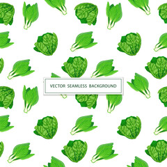 Seamless pattern with cabbage on a white background. The Salad cabbage. Vector illustration of fresh vegetables in cartoon simple flat style.
