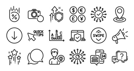 Fototapeta premium Scroll down, Security network and Location line icons set. Secure shield and Money currency exchange. Survey results, Question mark and Laptop insurance icons. Vector