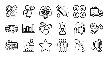 Stats, 5g internet and Low thermometer line icons set. Secure shield and Money currency exchange. Customer survey, Report diagram and Chemistry pipette icons. Vector
