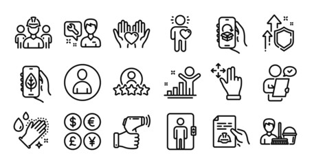 Delivery app, Avatar and Move gesture line icons set. Secure shield and Money currency exchange. Friend, Customer survey and Hold heart icons. Vector