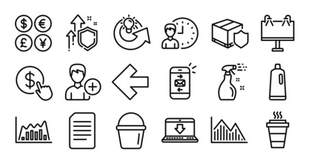 Fototapeta premium Road banner, Internet downloading and Delivery insurance line icons set. Secure shield and Money currency exchange. Mail, Working hours and Investment graph icons. Vector