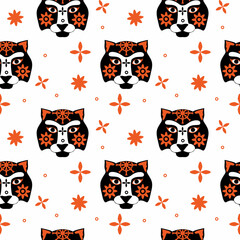 Pattern with tiger face, muzzles tiger with brown stripes, symbol of new 2022 year on red background. Vector illustration for postcard, banner, web, decor, design, arts, calendar.