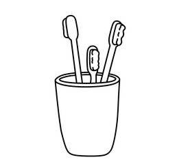 Vector image. Three toothbrushes in a glass for a family. Simple doodle drawing. Black linear outline and white background. Illustration of morning hygiene procedures. Hygiene and oral health.