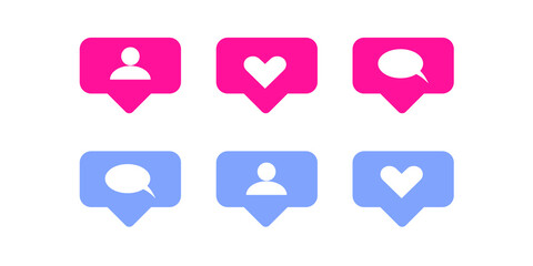 Social media set notifications icons: like, follower, comment. Vector illustration. symbol for web site Computer and mobile vector. Web icon set. Website set icon vector. for computer and mobile