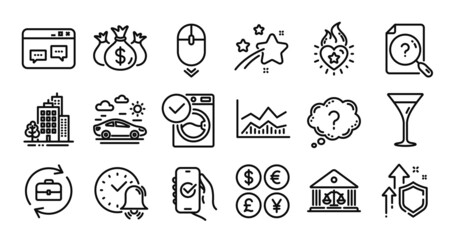 Scroll down, Question mark and Buildings line icons set. Secure shield and Money currency exchange. Approved app, Browser window and Car travel icons. Vector