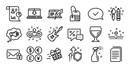 Discounts, Megaphone and Report line icons set. Secure shield and Money currency exchange. Internet downloading, Clean skin and Secure mail icons. Vector