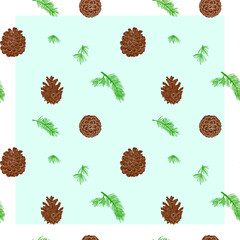 
Christmas pattern with Christmas tree branches, cones. Colored. You can change the pattern color and background color.