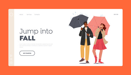 Happy Couple Walking at Fall Landing Page Template. People at Rainy Autumn Weather under Umbrella, Characters Relaxing