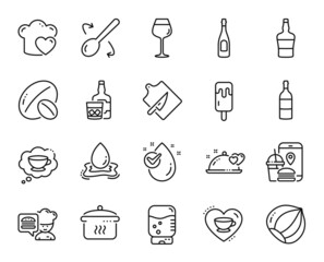 Vector set of Romantic dinner, Cutting board and Champagne line icons set. Hazelnut, Water splash and Ice cream icons. Coffee cup, Boiling pan and Food app signs. Romantic dinner web symbol. Vector