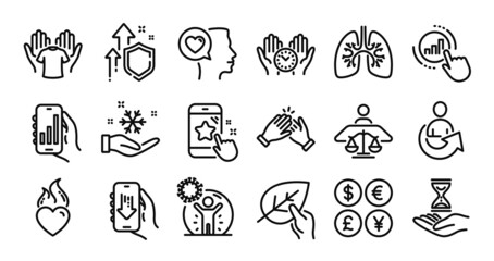Analysis app, Coronavirus protection and Clapping hands line icons set. Secure shield and Money currency exchange. Court judge, Download app and Romantic talk icons. Vector