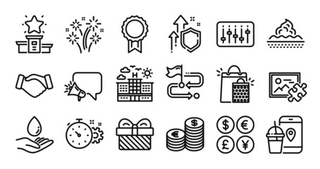 Hotel, Food app and Water care line icons set. Secure shield and Money currency exchange. Handshake, Currency and Megaphone icons. Fireworks, Winner podium and Reward signs. Vector