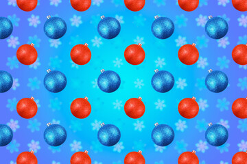 Christmas tree multicolored balls on colored background with unfocused snowflakes