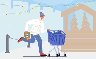 Christmas Sale Concept, Happy Man with Shopping Cart and Wreath in Hand Hurry Up for Buying Gifts on Xmas Fair