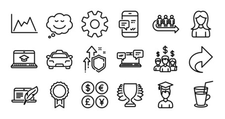 Internet chat, Reward and Woman line icons set. Secure shield and Money currency exchange. Copyright laptop, Share and Speech bubble icons. Taxi, Winner and Service signs. Vector