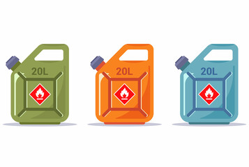 set of multi-colored canisters for carrying gasoline. flat vector illustration.