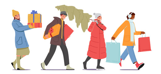 Male or Female Characters Prepare Presents and Fir Tree for Family or Friends Happy People Carry Gift Boxes for Holidays
