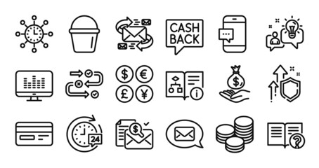 Income money, Money transfer and Messenger line icons set. Secure shield and Money currency exchange. Accounting report, World time and Credit card icons. Vector