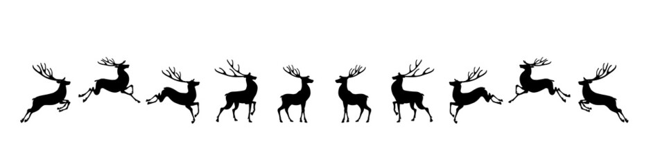 Graphic black silhouettes, set of wild deer on an isolated white background. Vector illustration.