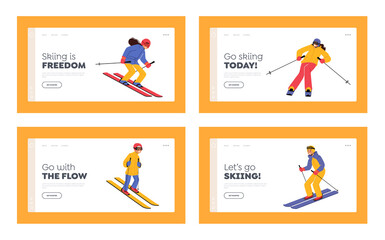 Ski Sport Activity Landing Page Template Set. Athlete People in Warm Clothes and Sunglasses Skiing. Skiers Recreation