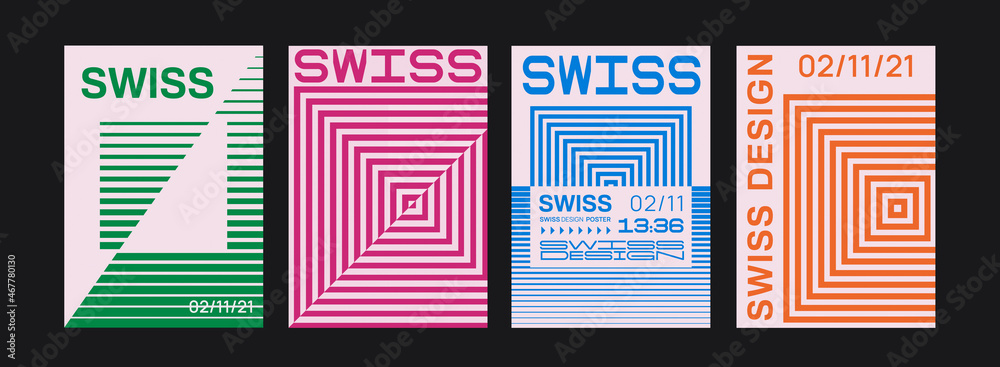 Poster Set Of Retro Geometric Pattern Covers. Collection Of Swiss Design Posters. Abstract Square Shape Placards.