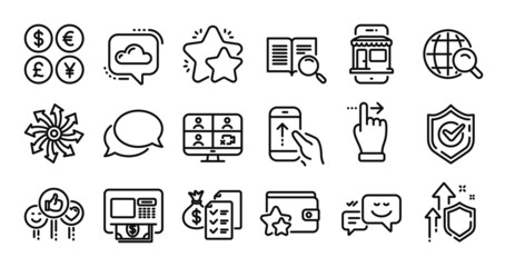 Versatile, Search text and Swipe up line icons set. Secure shield and Money currency exchange. Video conference, Marketplace and Cloud communication icons. Vector