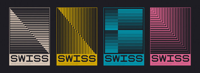 Collection Of Stripped Swiss Design Covers. Set Of Geometric Halftone Textures. Retro Placards. Abstract Linear Vector Backgrounds.