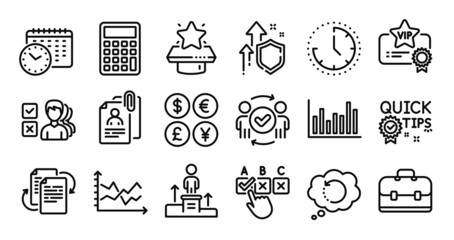 Calculator, Bureaucracy and Calendar time line icons set. Secure shield and Money currency exchange. Interview documents, Quick tips and Business podium icons. Vector