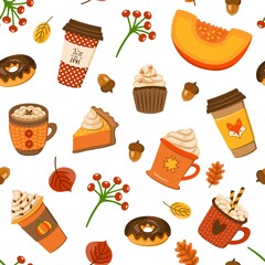 Autumn pastry and drinks flat seamless pattern. Pumpkin spice latte and cupcakes vector wallpaper.