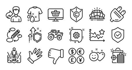 Copyright protection, Ranking stars and Keywords line icons set. Secure shield and Money currency exchange. Seo shopping, Augmented reality and Cogwheel icons. Vector