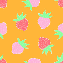 Cartoon raspberry seamless pattern. Cute fruit repeat background. Vector illustration of raspberries in retro style. Vintage design for office, textiles, packaging.