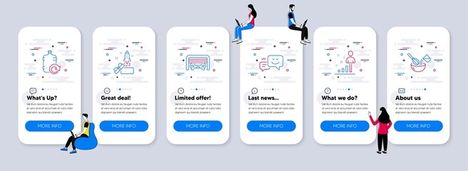 Business icons set. UI phone app screens with teamwork. Included icon as Refill water, Happy emotion, Parking garage signs. Stats, Innovation, Cooking whisk line icons. Vector