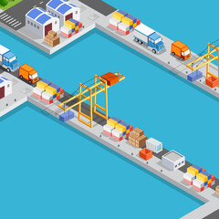 Isometric industrial port cargo seaport at sea with crane container transport vessel logistic 3D illustration